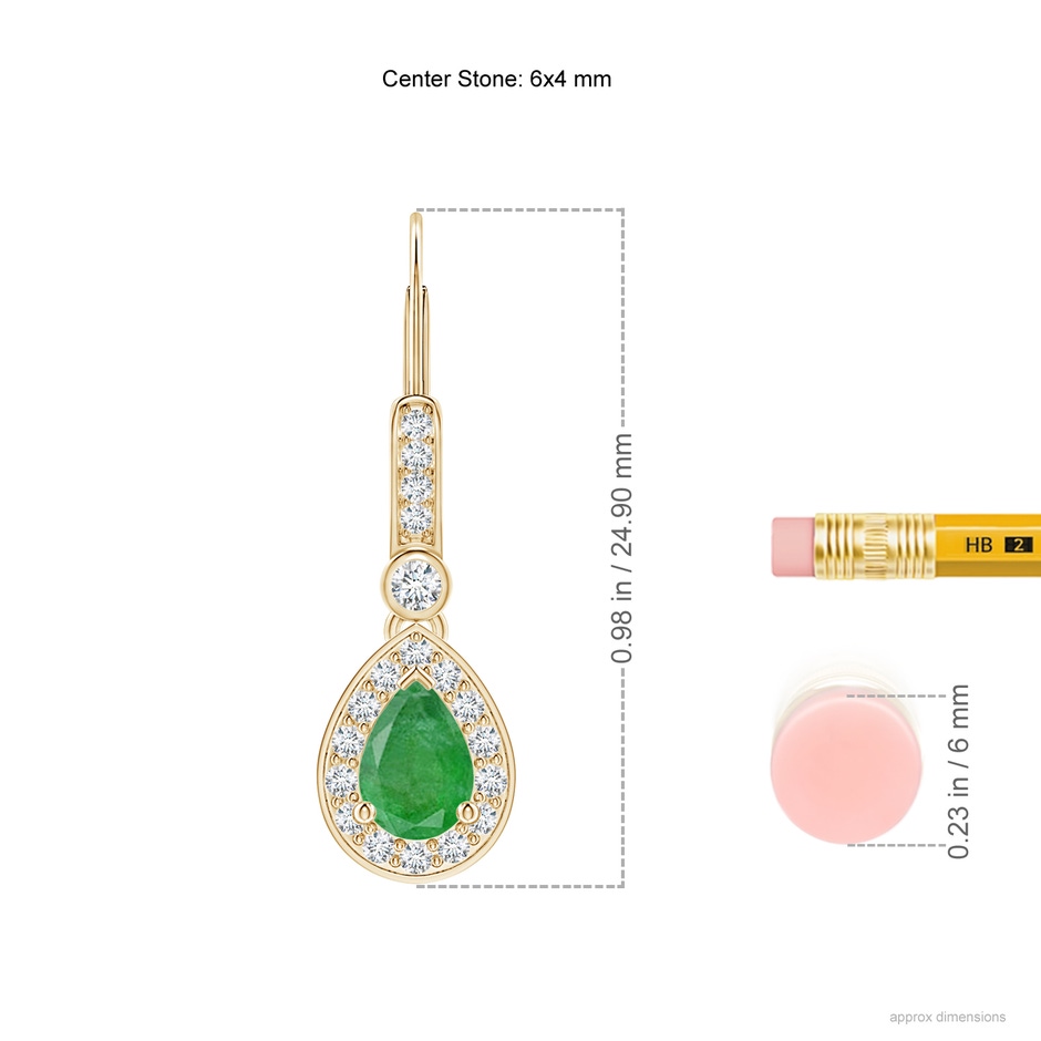 6x4mm A Pear-Shaped Emerald and Diamond Halo Drop Earrings in Yellow Gold ruler