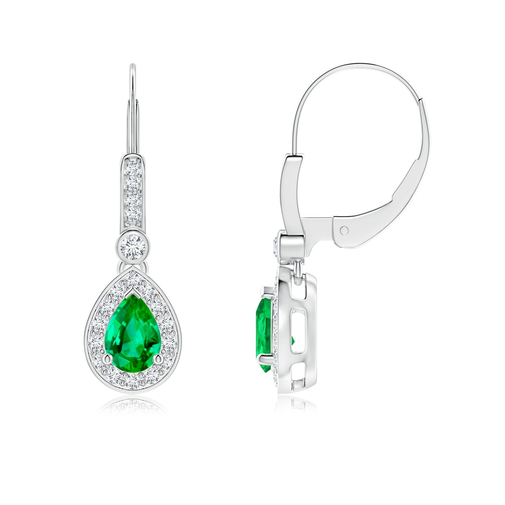 6x4mm AAA Pear-Shaped Emerald and Diamond Halo Drop Earrings in White Gold