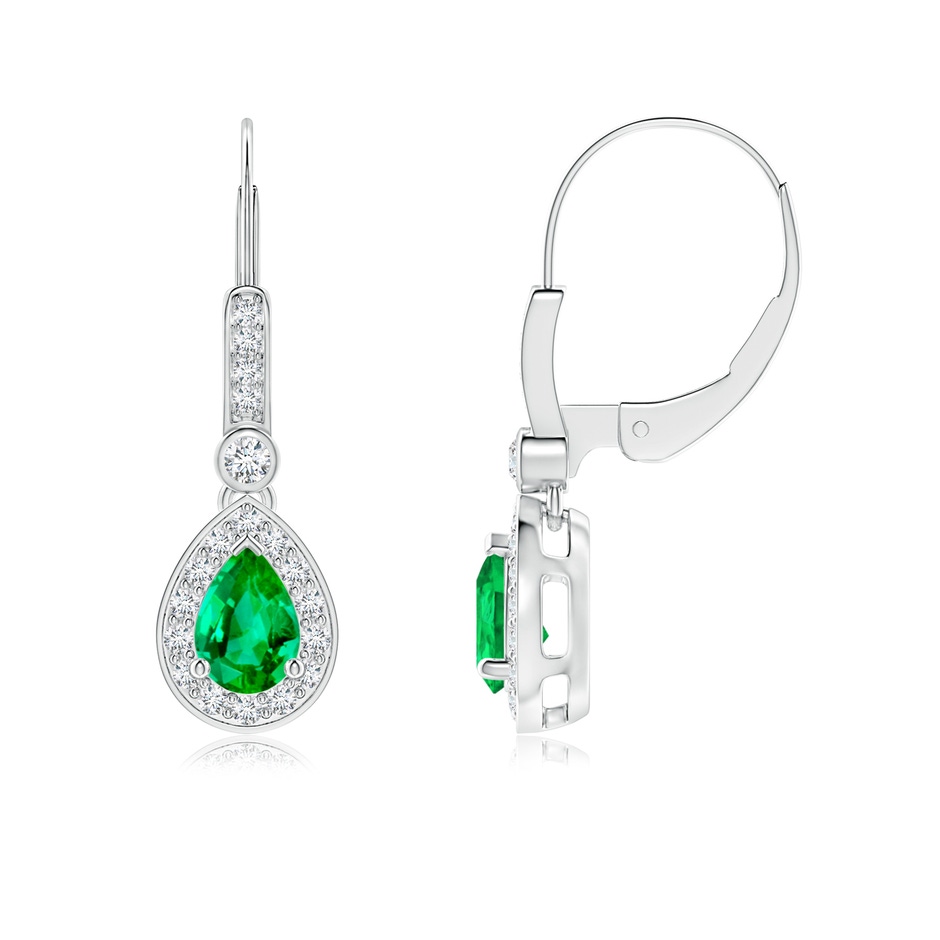 6x4mm AAA Pear-Shaped Emerald and Diamond Halo Drop Earrings in White Gold 