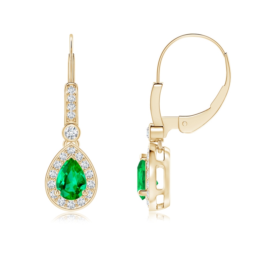 6x4mm AAA Pear-Shaped Emerald and Diamond Halo Drop Earrings in Yellow Gold 