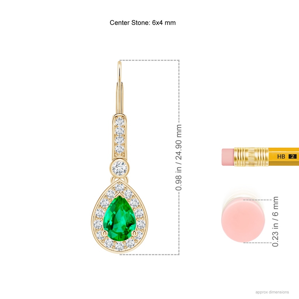 6x4mm AAA Pear-Shaped Emerald and Diamond Halo Drop Earrings in Yellow Gold Ruler
