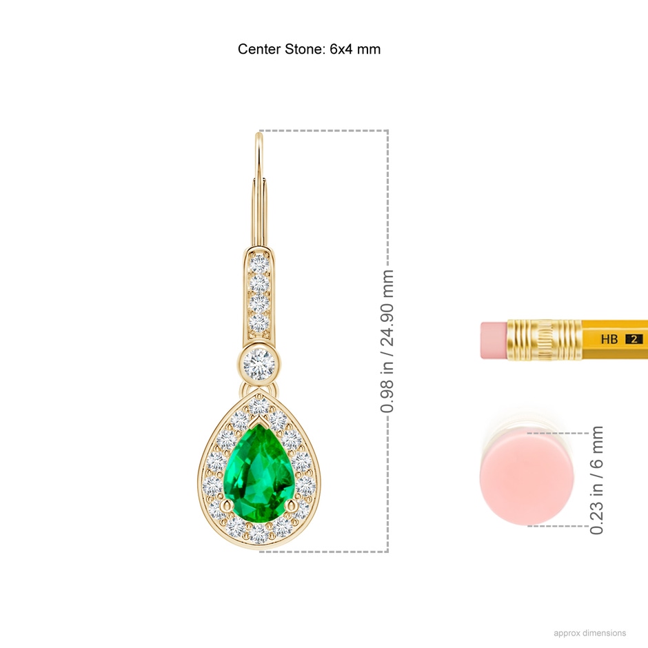 6x4mm AAA Pear-Shaped Emerald and Diamond Halo Drop Earrings in Yellow Gold ruler