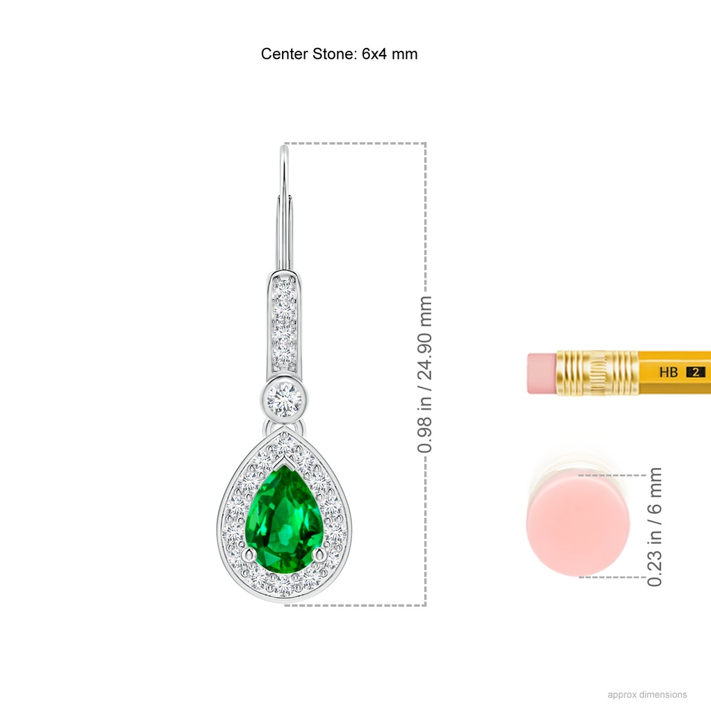 6x4mm AAAA Pear-Shaped Emerald and Diamond Halo Drop Earrings in P950 Platinum Ruler
