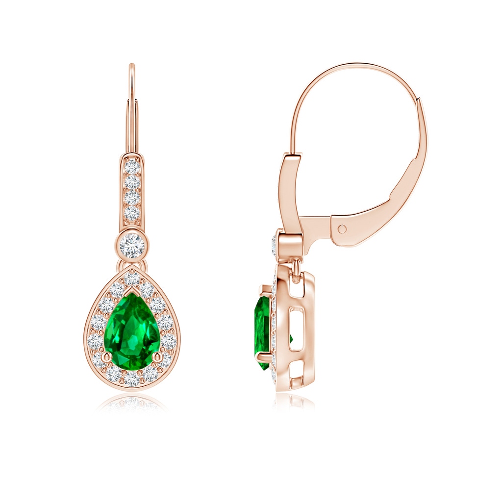 6x4mm AAAA Pear-Shaped Emerald and Diamond Halo Drop Earrings in Rose Gold