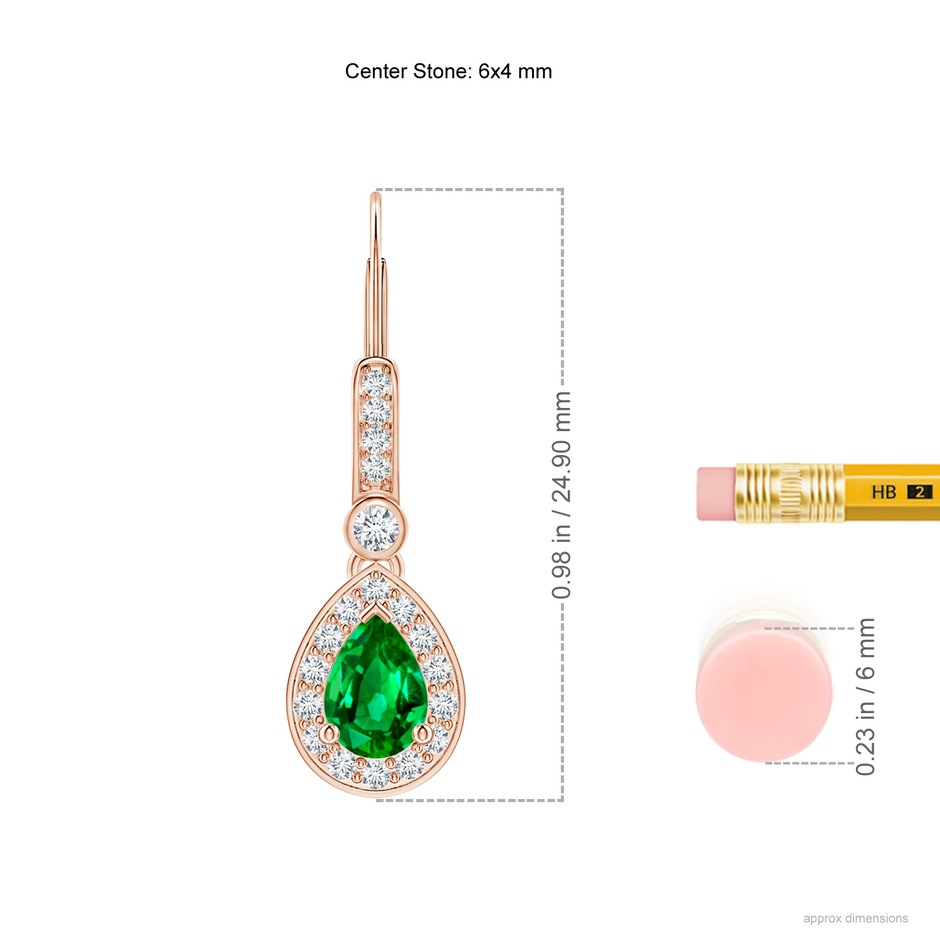 6x4mm Lab-Grown Pear-Shaped Emerald and Diamond Halo Drop Earrings in Rose Gold ruler