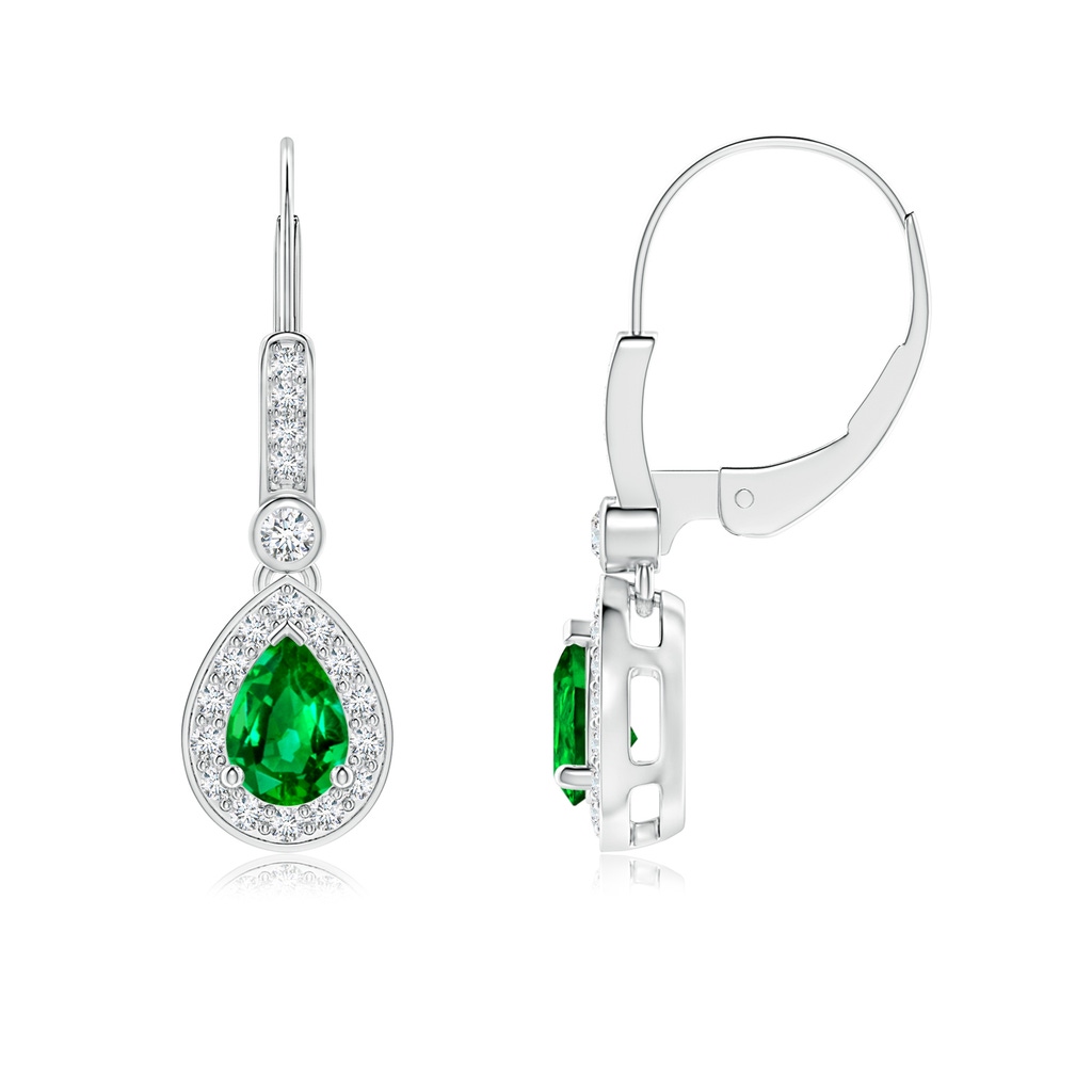 6x4mm Lab-Grown Pear-Shaped Emerald and Diamond Halo Drop Earrings in White Gold