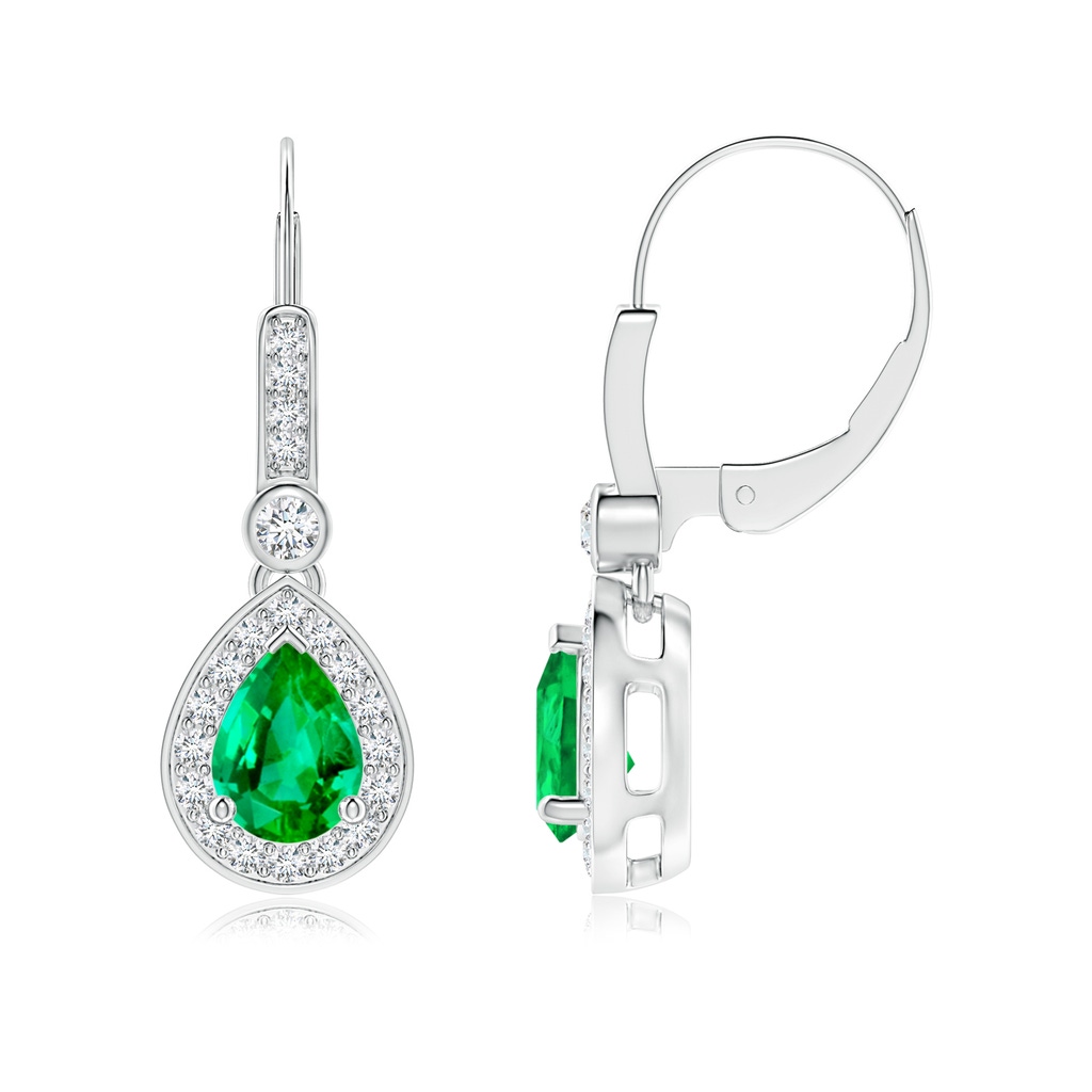 7x5mm AAA Pear-Shaped Emerald and Diamond Halo Drop Earrings in White Gold