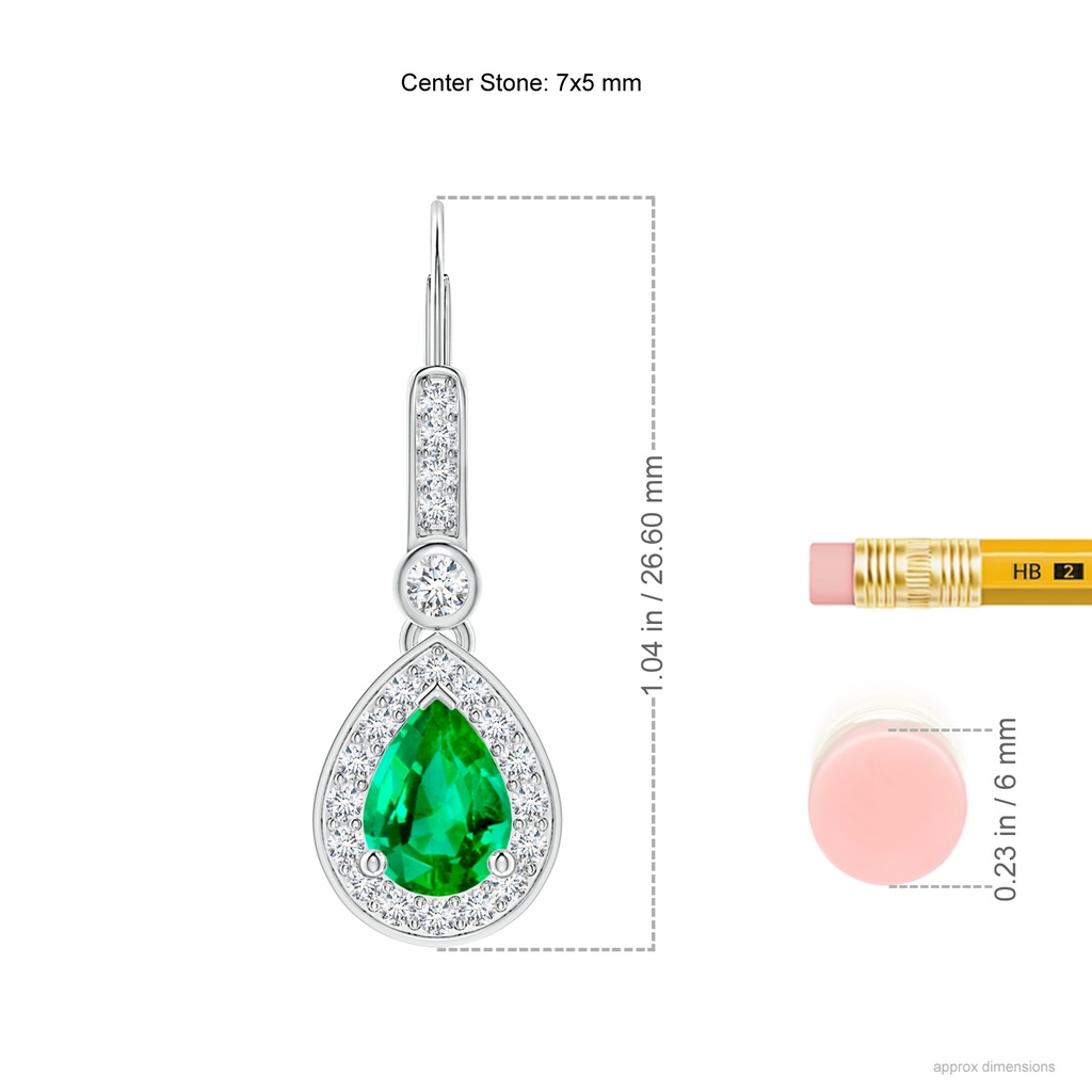 7x5mm AAA Pear-Shaped Emerald and Diamond Halo Drop Earrings in White Gold Ruler