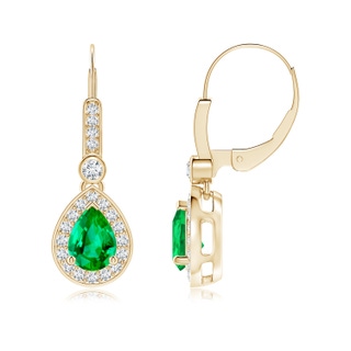 7x5mm AAA Pear-Shaped Emerald and Diamond Halo Drop Earrings in Yellow Gold