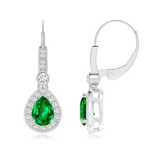7x5mm AAAA Pear-Shaped Emerald and Diamond Halo Drop Earrings in P950 Platinum