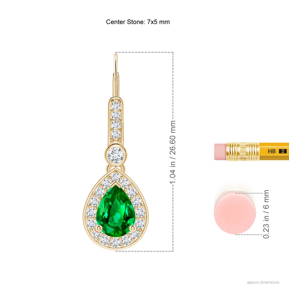 7x5mm AAAA Pear-Shaped Emerald and Diamond Halo Drop Earrings in Yellow Gold ruler