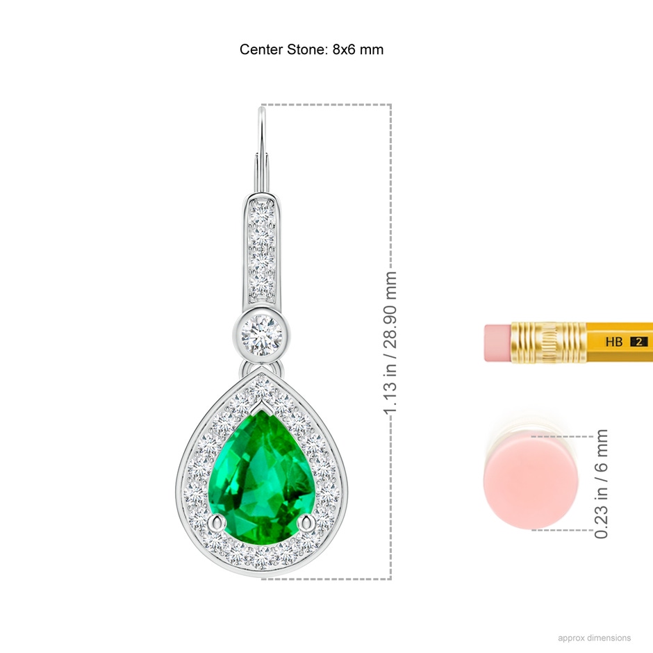 8x6mm AAA Pear-Shaped Emerald and Diamond Halo Drop Earrings in P950 Platinum ruler