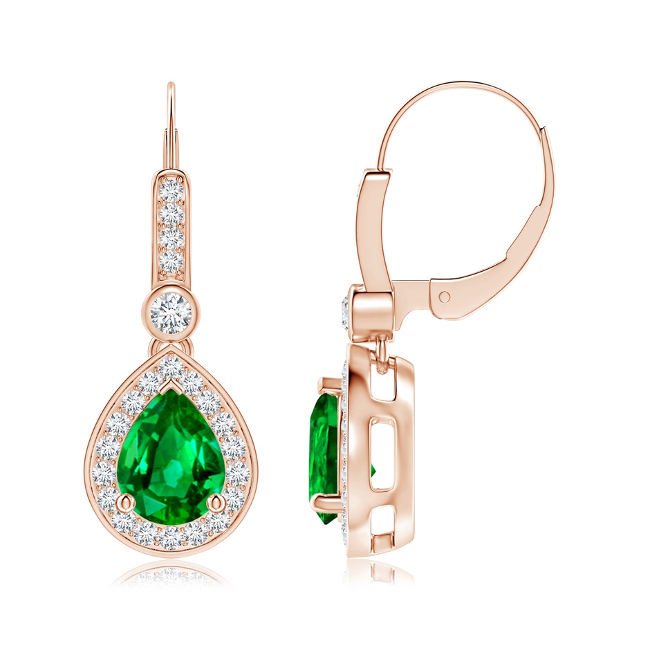 8x6mm Lab-Grown Pear-Shaped Emerald and Diamond Halo Drop Earrings in Rose Gold 