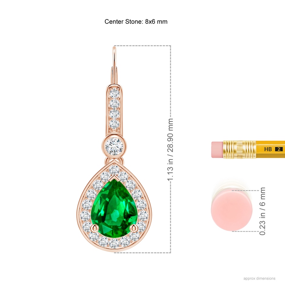 8x6mm Lab-Grown Pear-Shaped Emerald and Diamond Halo Drop Earrings in Rose Gold ruler