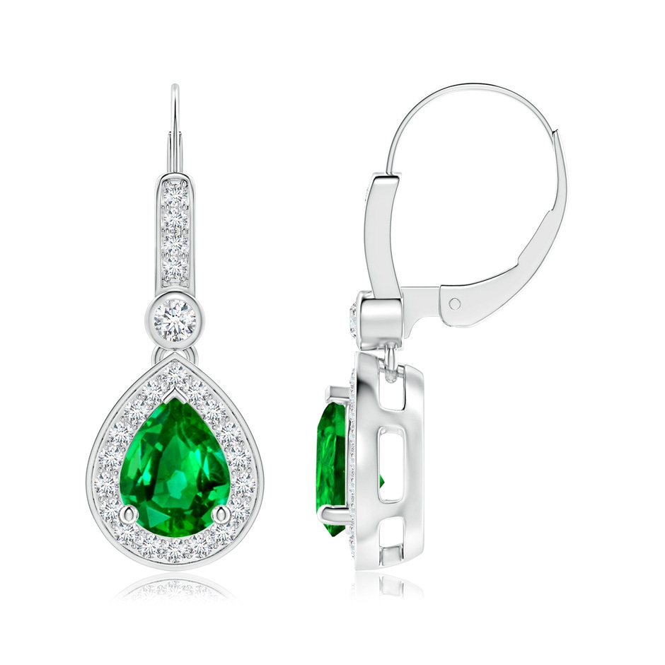 8x6mm Lab-Grown Pear-Shaped Emerald and Diamond Halo Drop Earrings in White Gold 