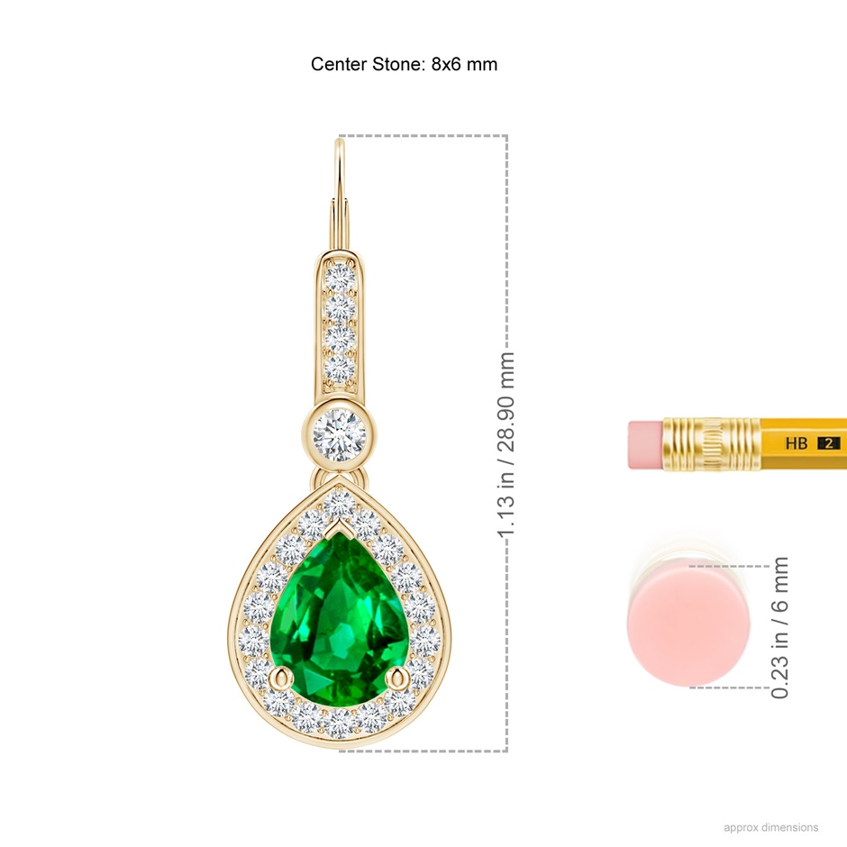 8x6mm Lab-Grown Pear-Shaped Emerald and Diamond Halo Drop Earrings in Yellow Gold ruler