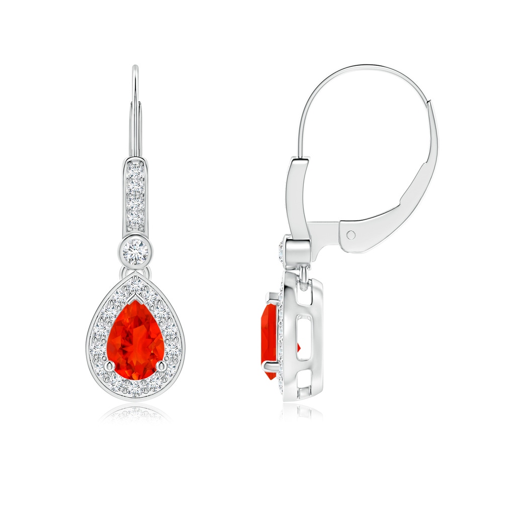 6x4mm AAAA Pear-Shaped Fire Opal and Diamond Halo Drop Earrings in P950 Platinum