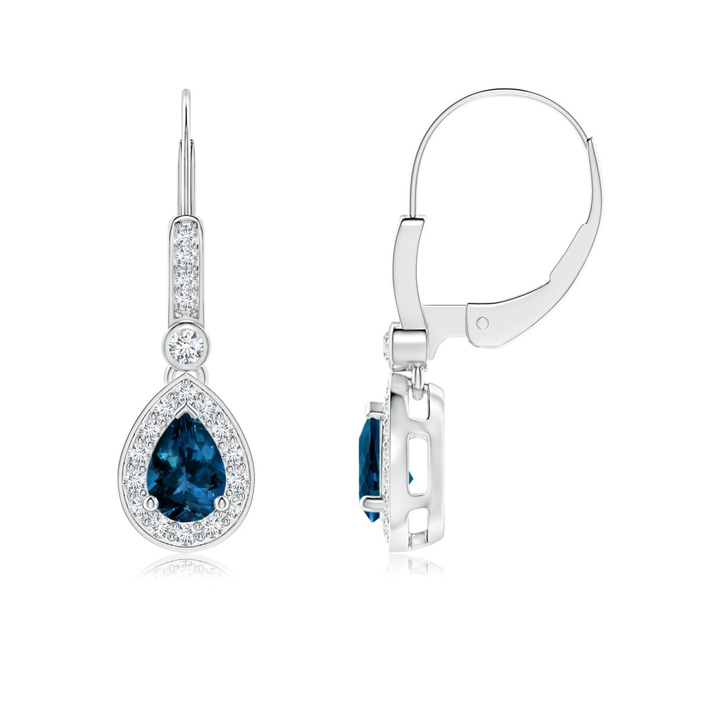 6x4mm AAAA Pear-Shaped London Blue Topaz and Diamond Halo Drop Earrings in P950 Platinum