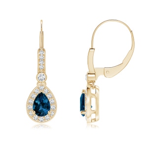 6x4mm AAAA Pear-Shaped London Blue Topaz and Diamond Halo Drop Earrings in Yellow Gold