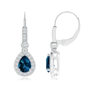 7x5mm AAAA Pear-Shaped London Blue Topaz and Diamond Halo Drop Earrings in P950 Platinum