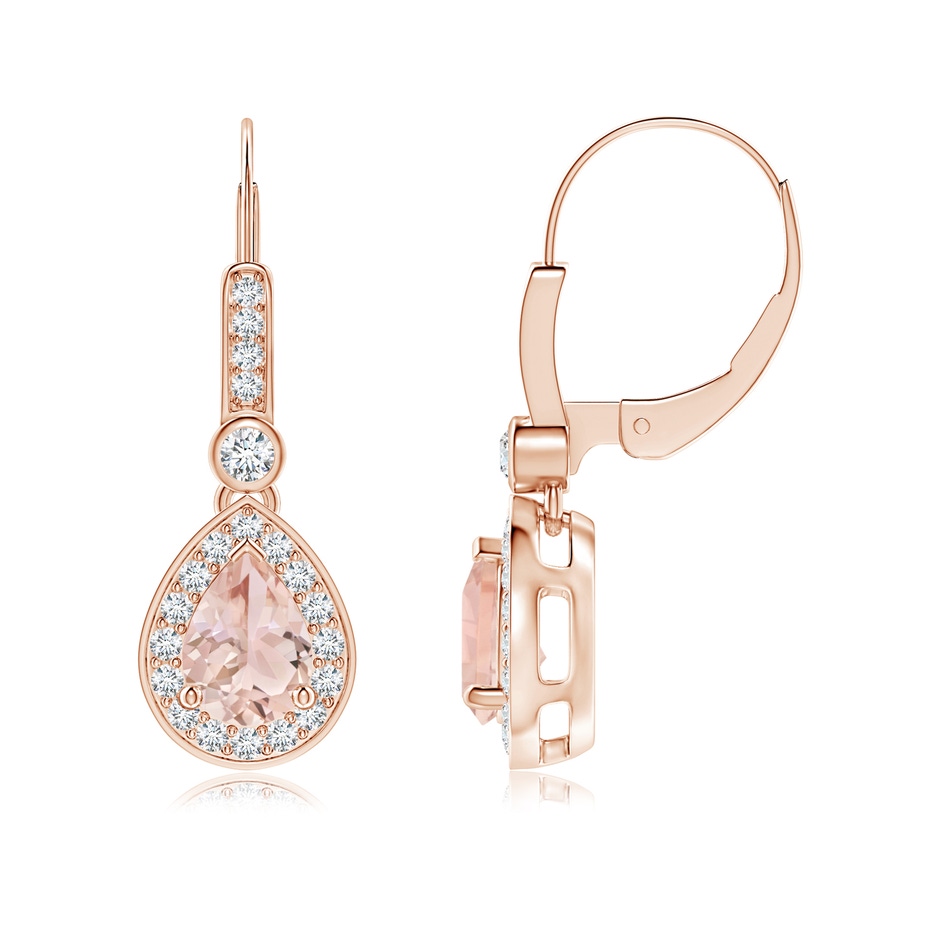 7x5mm AAA Pear-Shaped Morganite and Diamond Halo Drop Earrings in Rose Gold 