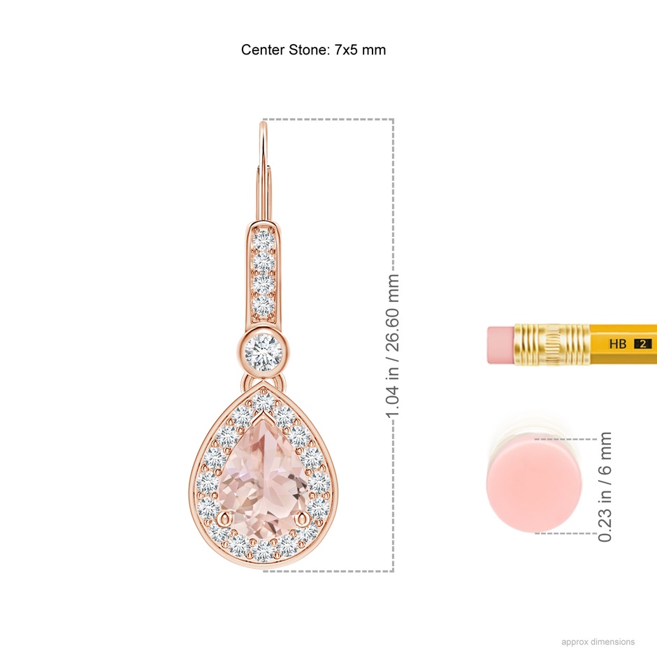 7x5mm AAA Pear-Shaped Morganite and Diamond Halo Drop Earrings in Rose Gold ruler