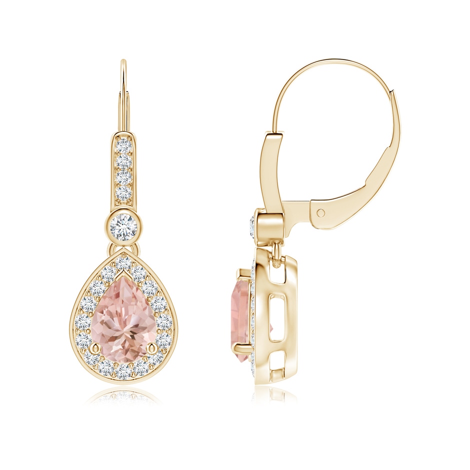 7x5mm AAAA Pear-Shaped Morganite and Diamond Halo Drop Earrings in Yellow Gold 