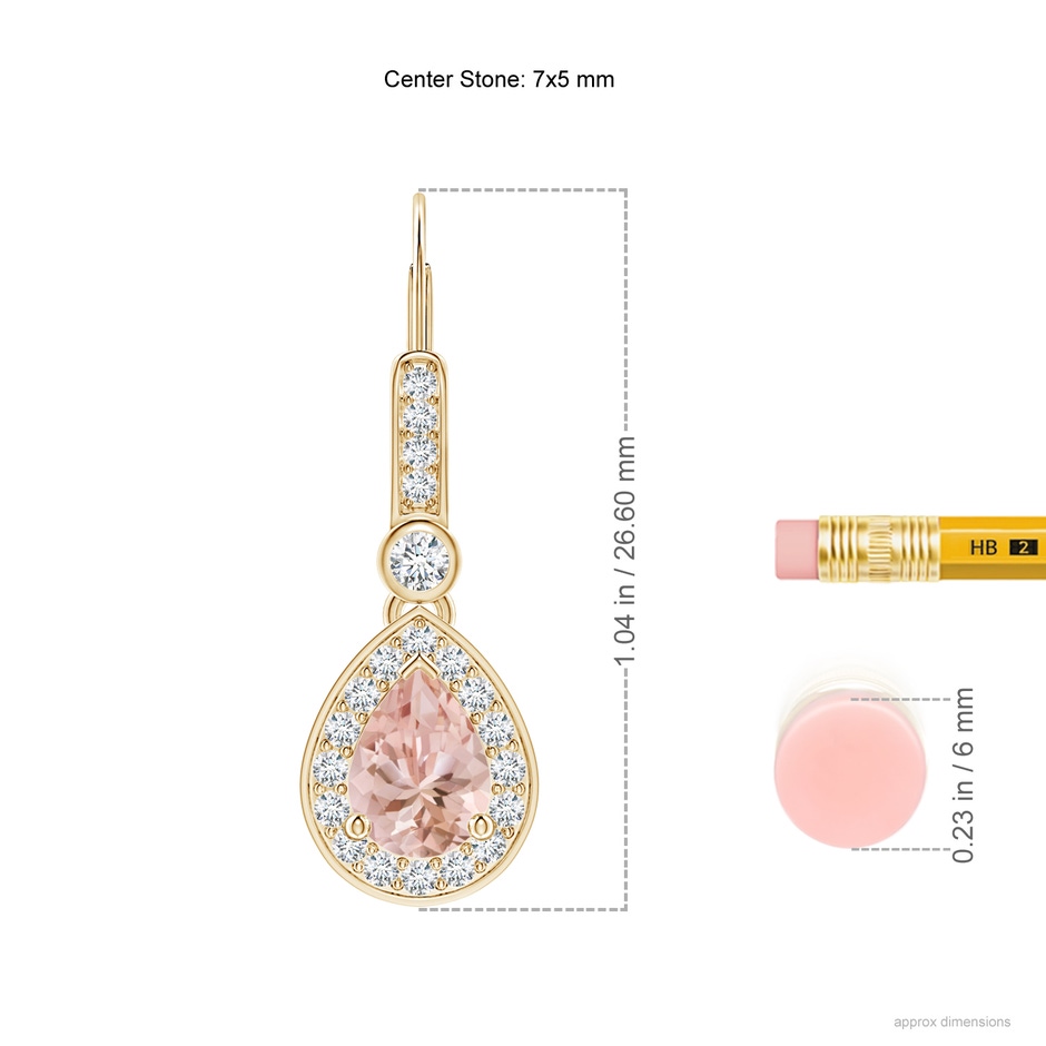 7x5mm AAAA Pear-Shaped Morganite and Diamond Halo Drop Earrings in Yellow Gold ruler