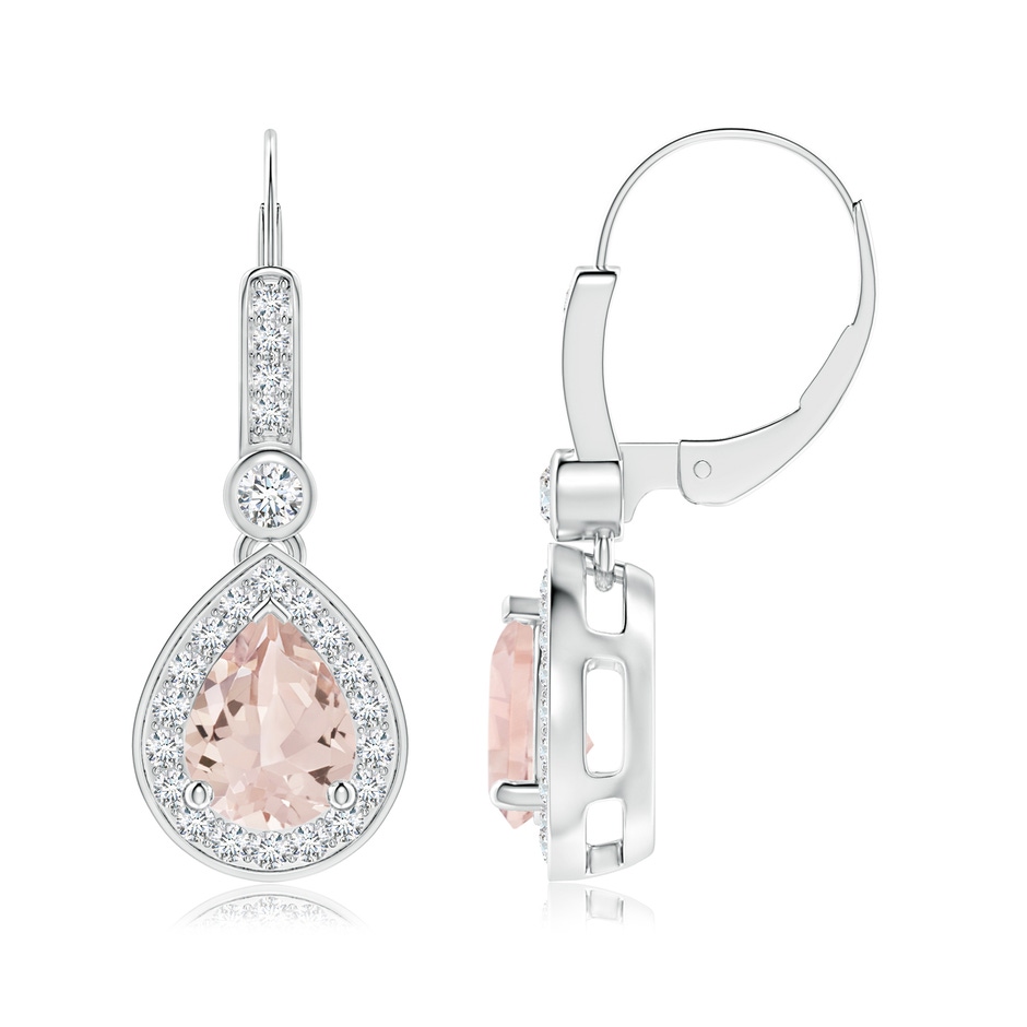 8x6mm AA Pear-Shaped Morganite and Diamond Halo Drop Earrings in White Gold 