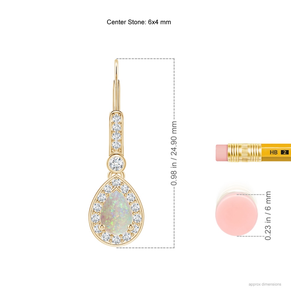 6x4mm AAA Pear-Shaped Opal and Diamond Halo Drop Earrings in Yellow Gold ruler