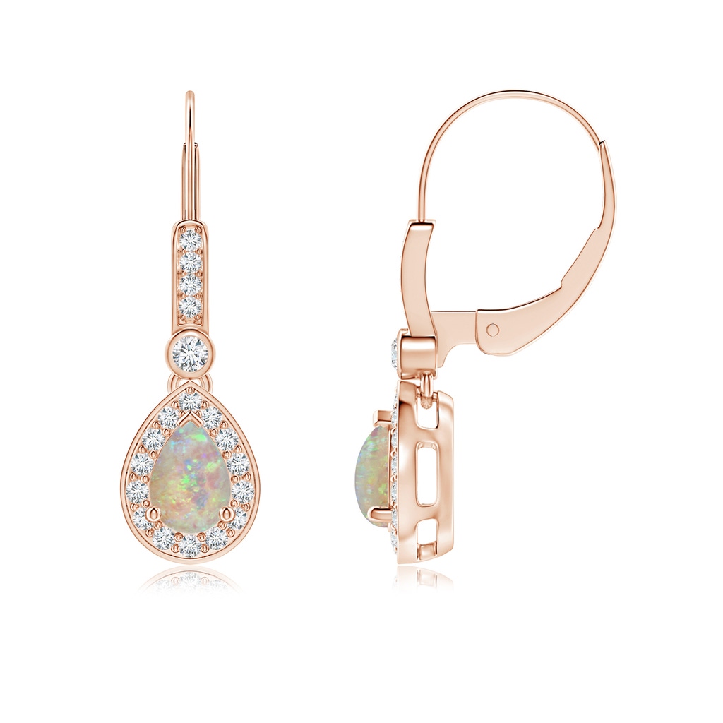6x4mm AAAA Pear-Shaped Opal and Diamond Halo Drop Earrings in Rose Gold