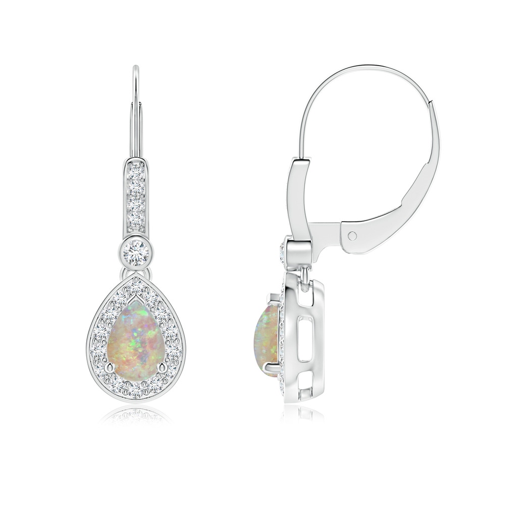 6x4mm AAAA Pear-Shaped Opal and Diamond Halo Drop Earrings in White Gold