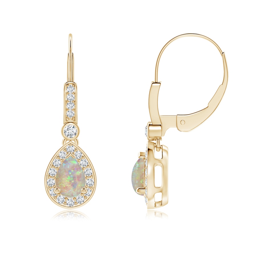 6x4mm AAAA Pear-Shaped Opal and Diamond Halo Drop Earrings in Yellow Gold 