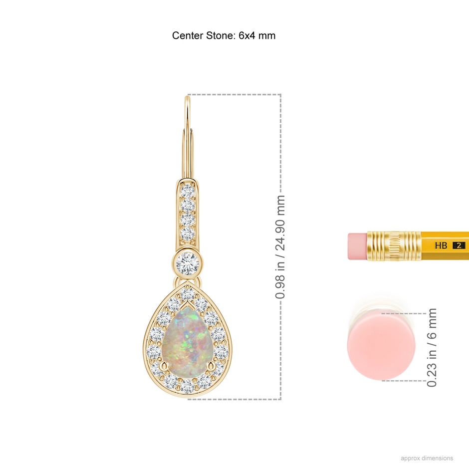 6x4mm AAAA Pear-Shaped Opal and Diamond Halo Drop Earrings in Yellow Gold ruler