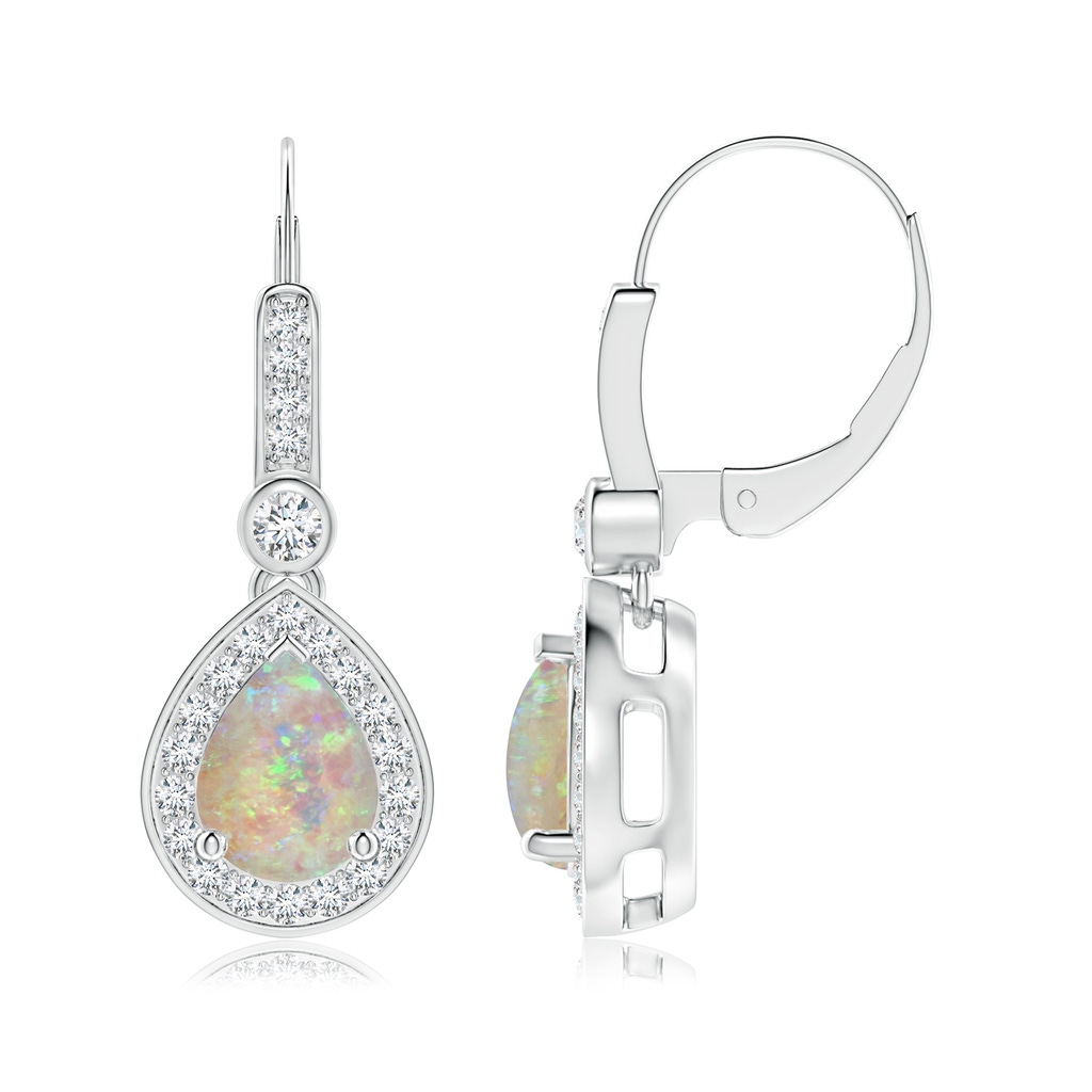 8x6mm AAAA Pear-Shaped Opal and Diamond Halo Drop Earrings in White Gold