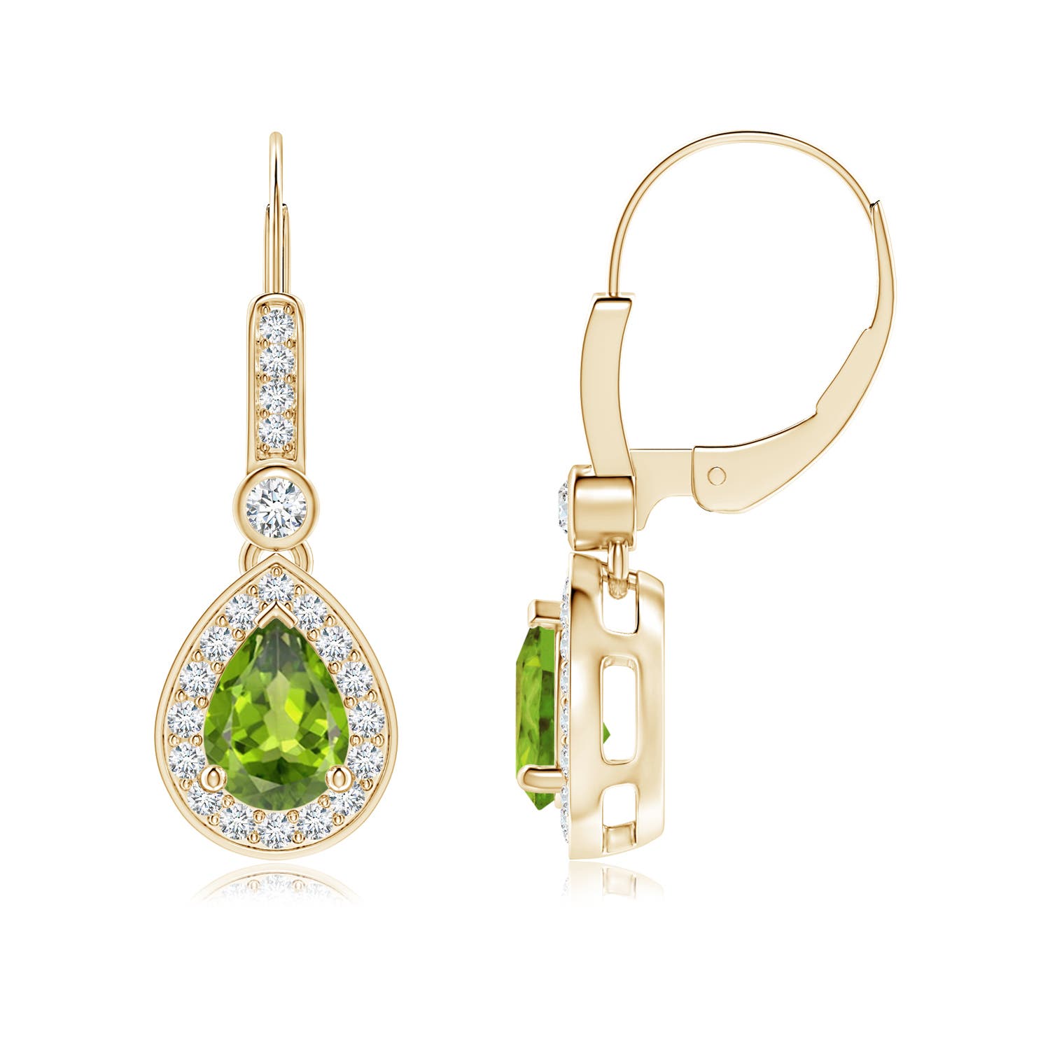 Pear-Shaped Peridot and Diamond Halo Drop Earrings | Angara