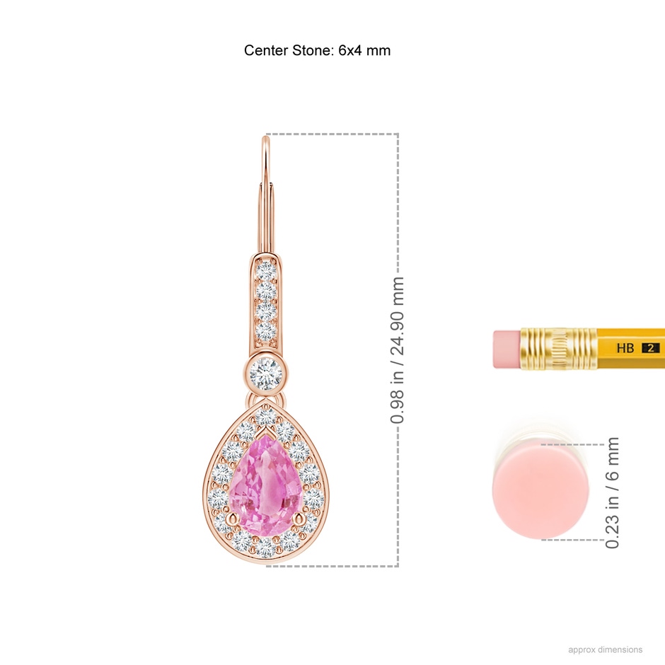 6x4mm A Pear-Shaped Pink Sapphire and Diamond Halo Drop Earrings in 9K Rose Gold ruler