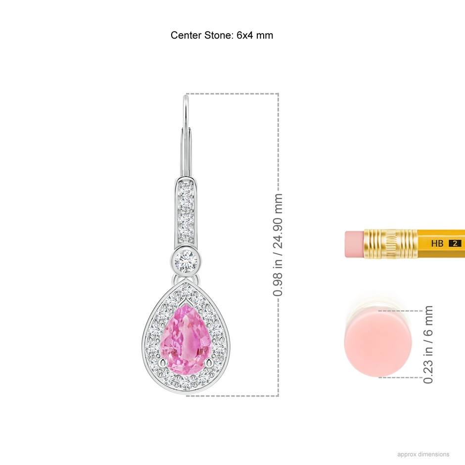 6x4mm A Pear-Shaped Pink Sapphire and Diamond Halo Drop Earrings in White Gold ruler