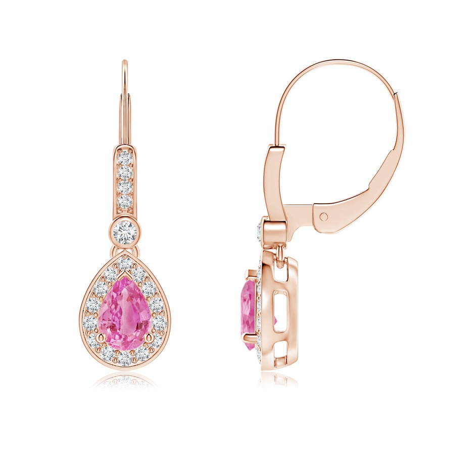6x4mm AA Pear-Shaped Pink Sapphire and Diamond Halo Drop Earrings in Rose Gold 