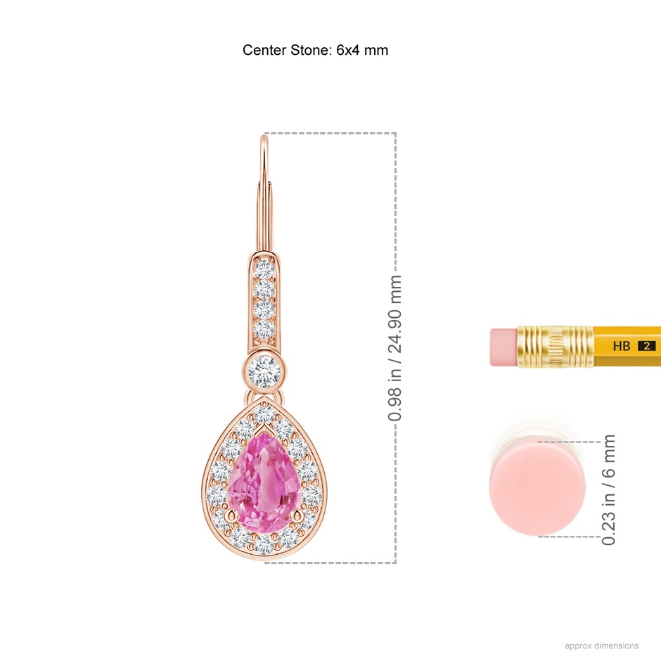 6x4mm AA Pear-Shaped Pink Sapphire and Diamond Halo Drop Earrings in Rose Gold ruler