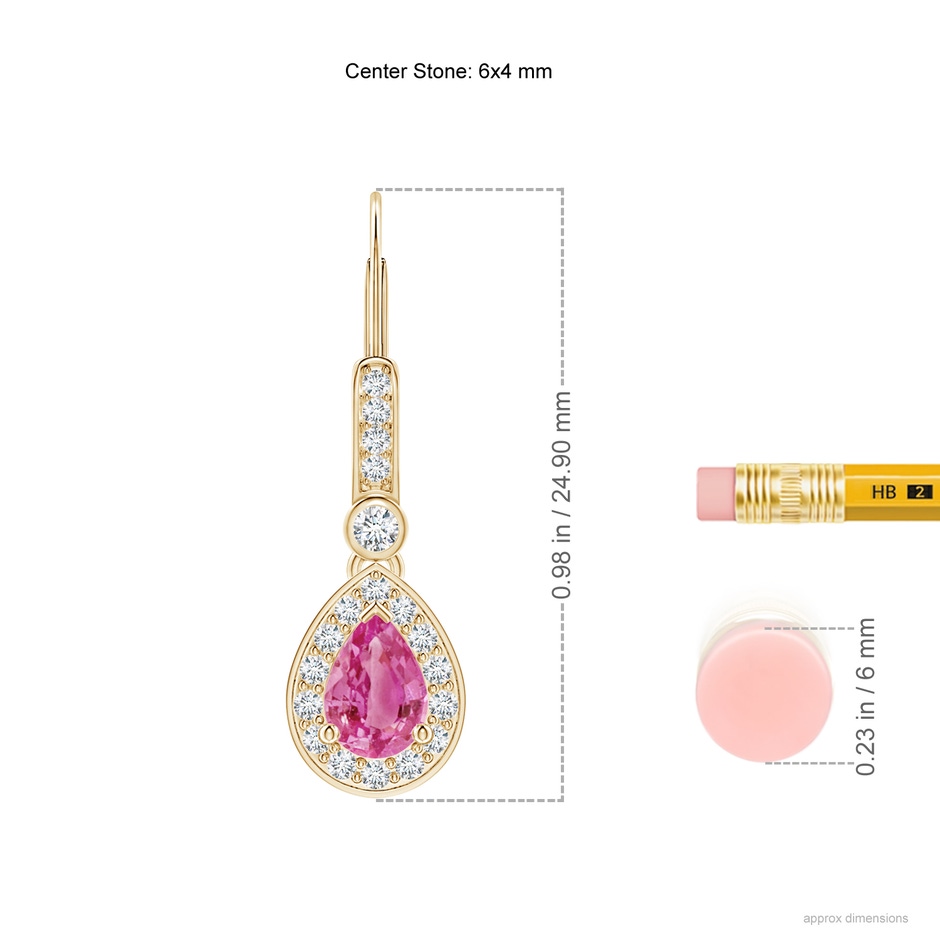 6x4mm AAA Pear-Shaped Pink Sapphire and Diamond Halo Drop Earrings in Yellow Gold ruler