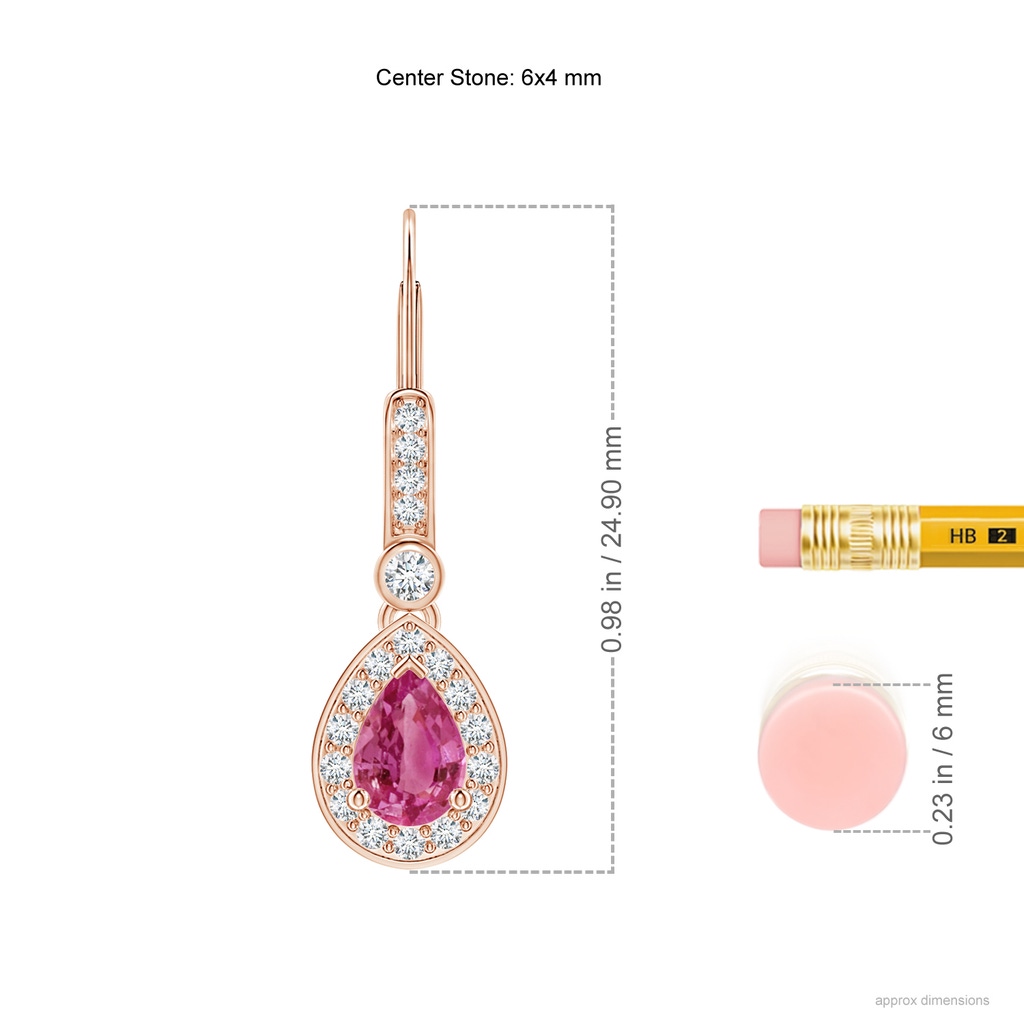 6x4mm AAAA Pear-Shaped Pink Sapphire and Diamond Halo Drop Earrings in Rose Gold Ruler