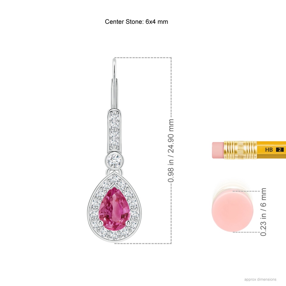 6x4mm AAAA Pear-Shaped Pink Sapphire and Diamond Halo Drop Earrings in White Gold ruler