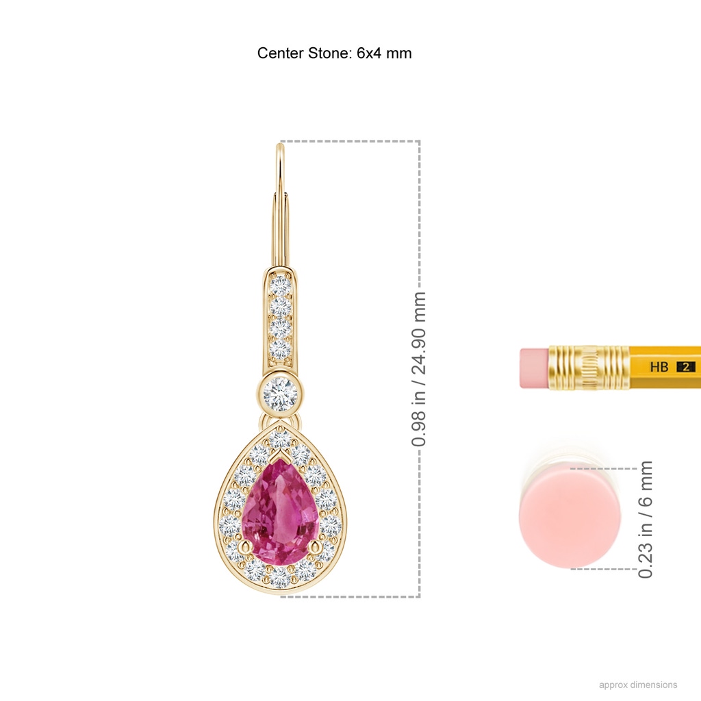 6x4mm AAAA Pear-Shaped Pink Sapphire and Diamond Halo Drop Earrings in Yellow Gold Ruler