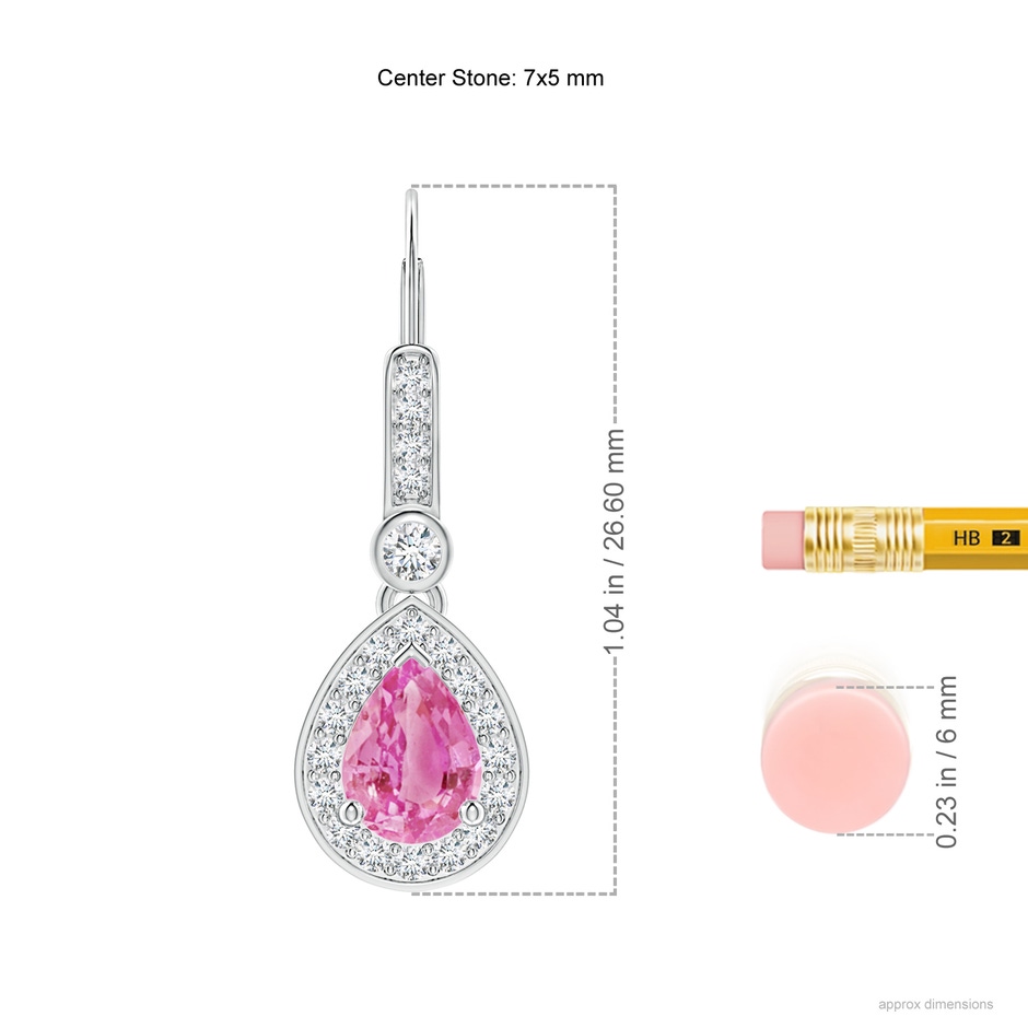 7x5mm AA Pear-Shaped Pink Sapphire and Diamond Halo Drop Earrings in White Gold ruler