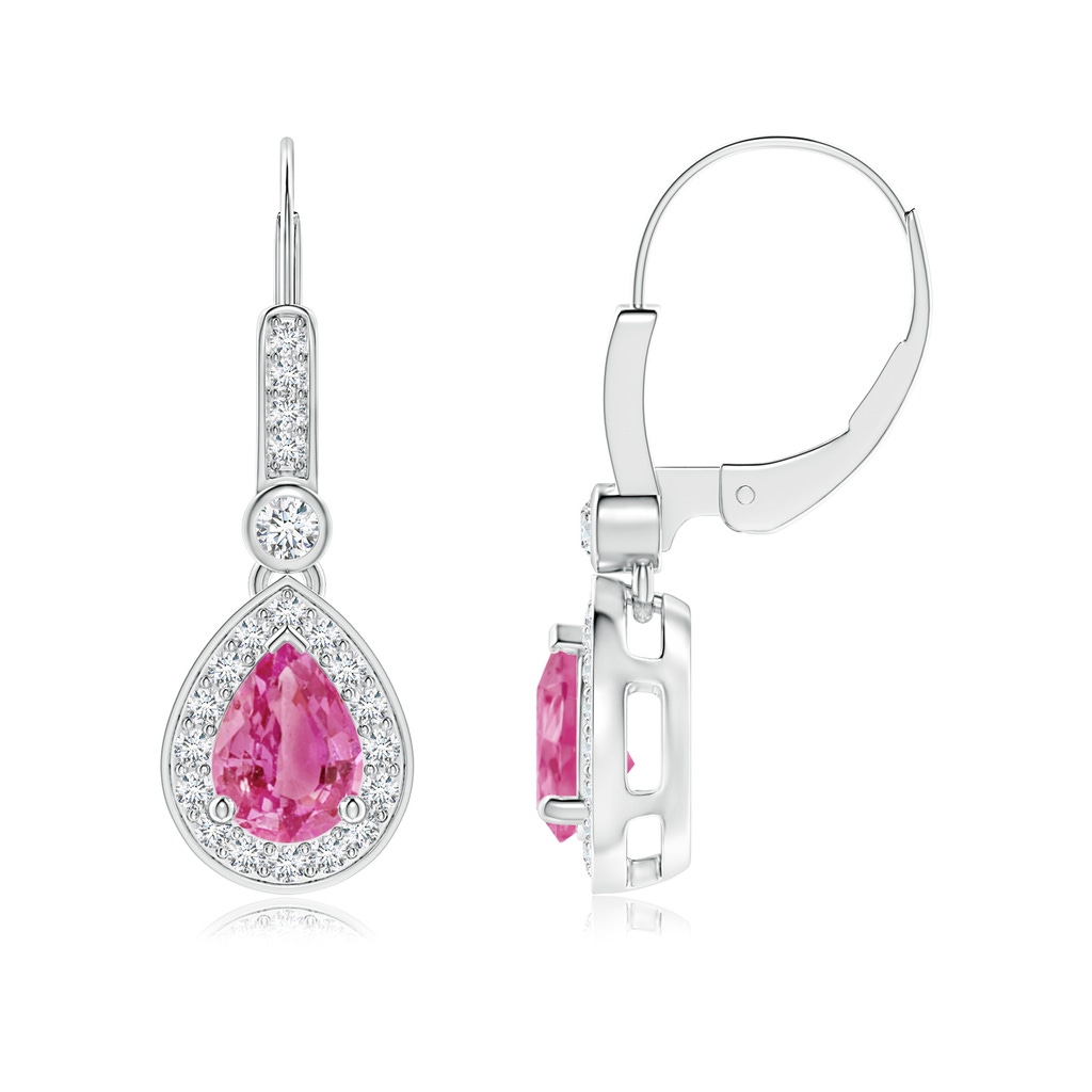7x5mm AAA Pear-Shaped Pink Sapphire and Diamond Halo Drop Earrings in White Gold