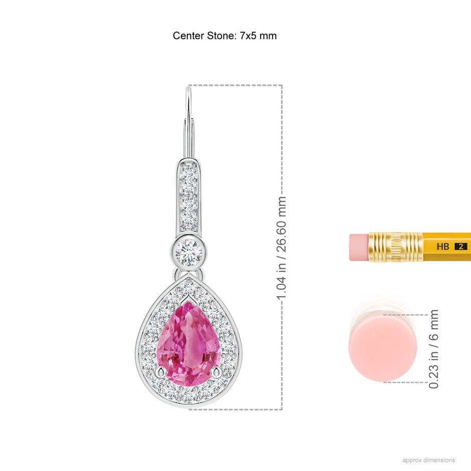 7x5mm AAA Pear-Shaped Pink Sapphire and Diamond Halo Drop Earrings in White Gold ruler