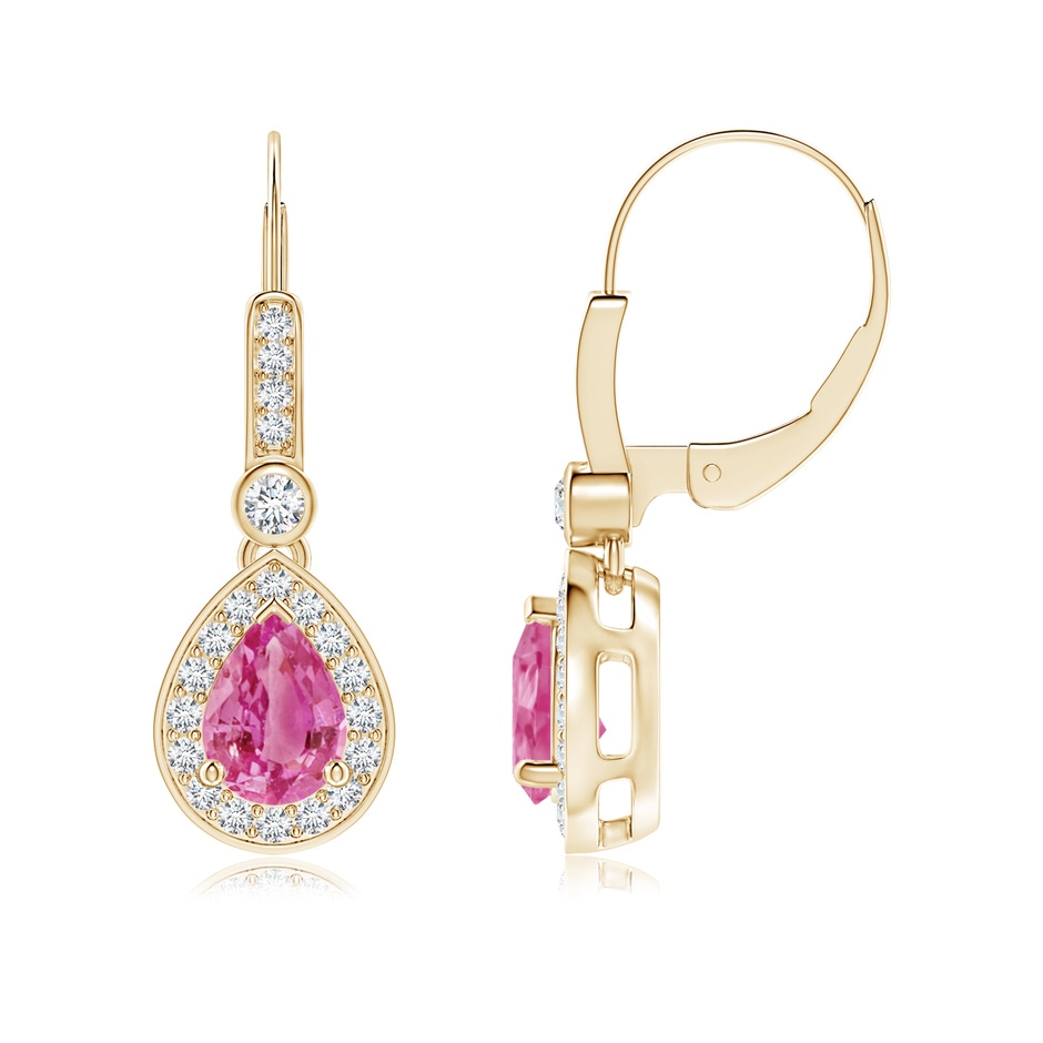 7x5mm AAA Pear-Shaped Pink Sapphire and Diamond Halo Drop Earrings in Yellow Gold 