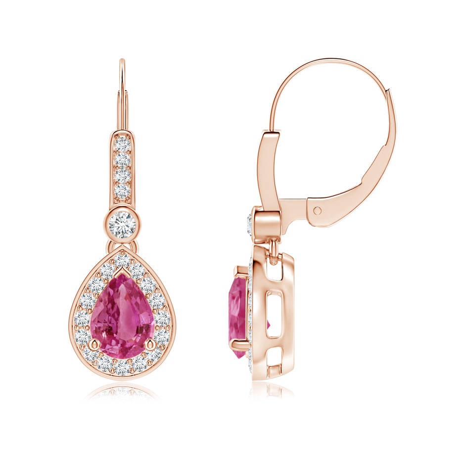7x5mm AAAA Pear-Shaped Pink Sapphire and Diamond Halo Drop Earrings in Rose Gold 
