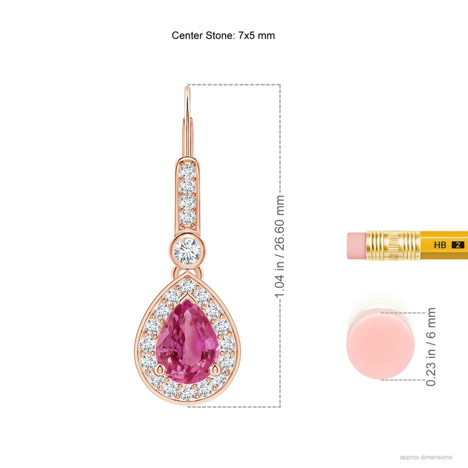 7x5mm AAAA Pear-Shaped Pink Sapphire and Diamond Halo Drop Earrings in Rose Gold ruler